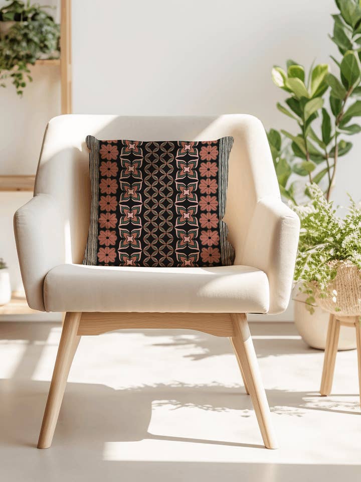 Retro 70s Floral Stripes Orange And Green Woven Cotton Throw Pillow for wholesale by TaylorBassam