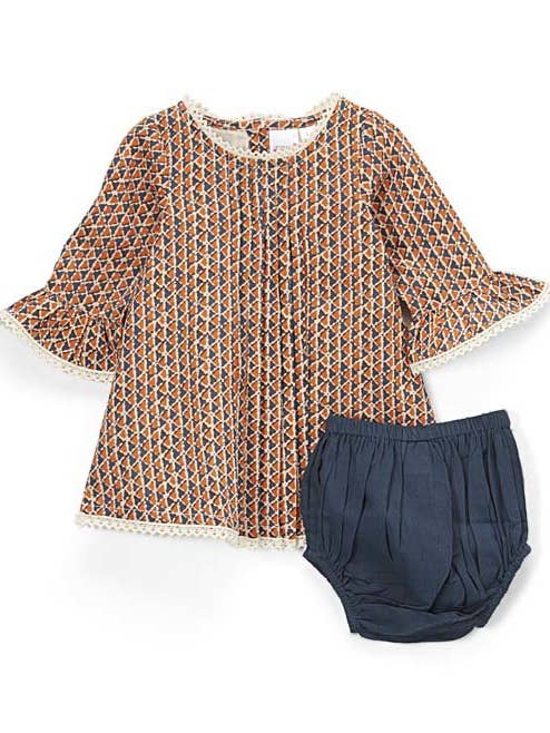 Yo Baby - Wholesale Dress - Baby - Pleated Abstract Orange Shift Dress with lace Details & Diaper Cover