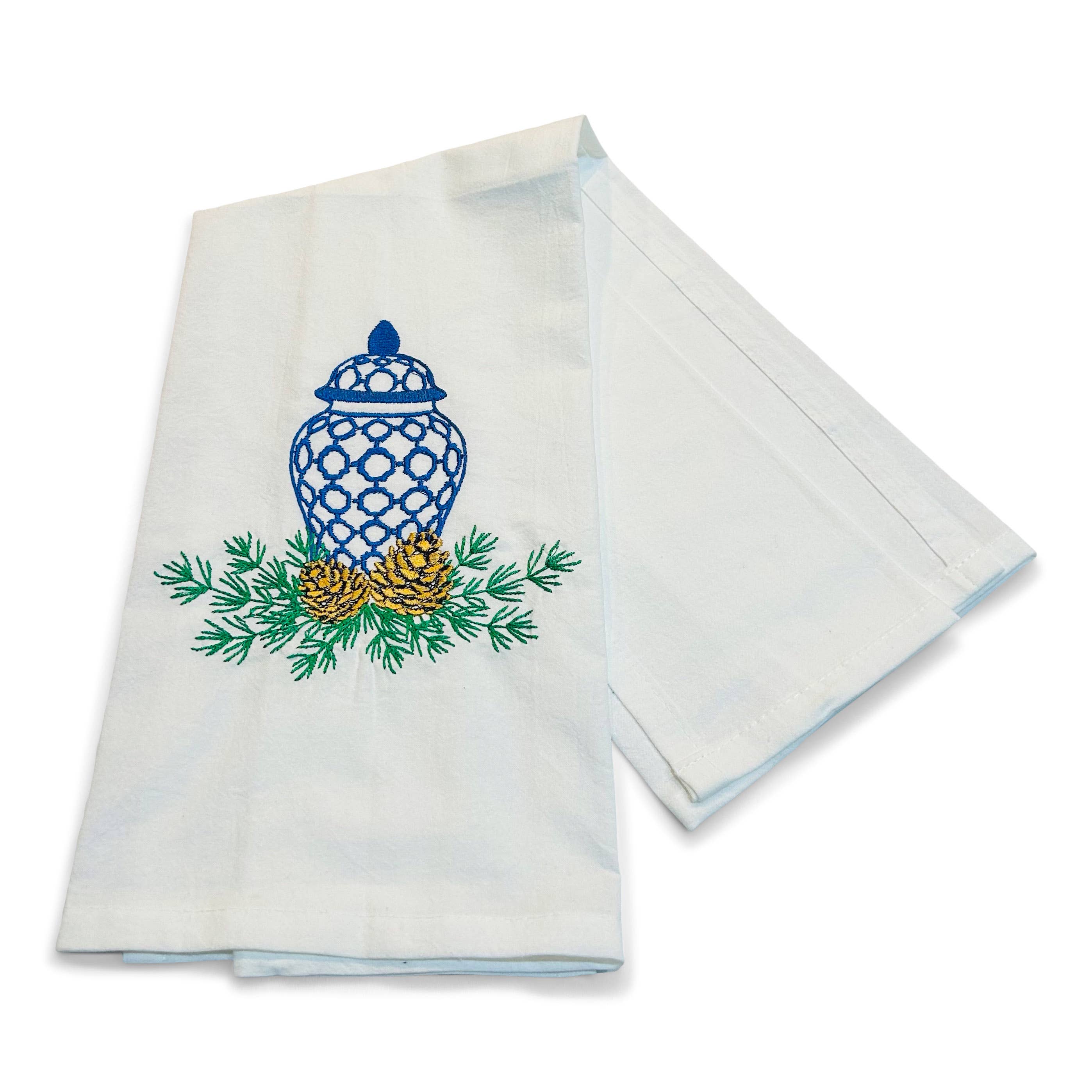Vibrantly Blue - Wholesale Tea Towel - Towel - Ginger Jar with Pinecones1