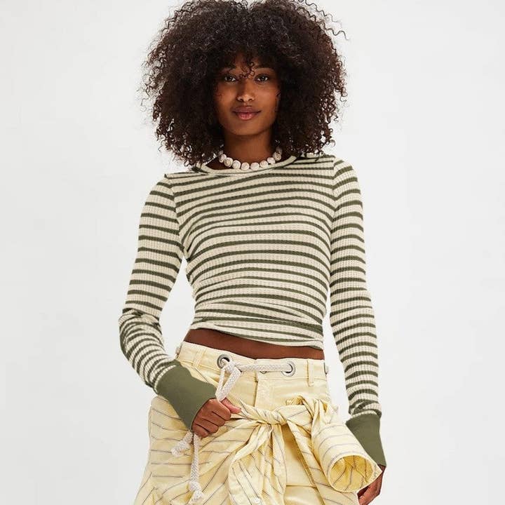 Striped Color Block Knit Top Women Pullover Polyester for wholesale by MoodGold