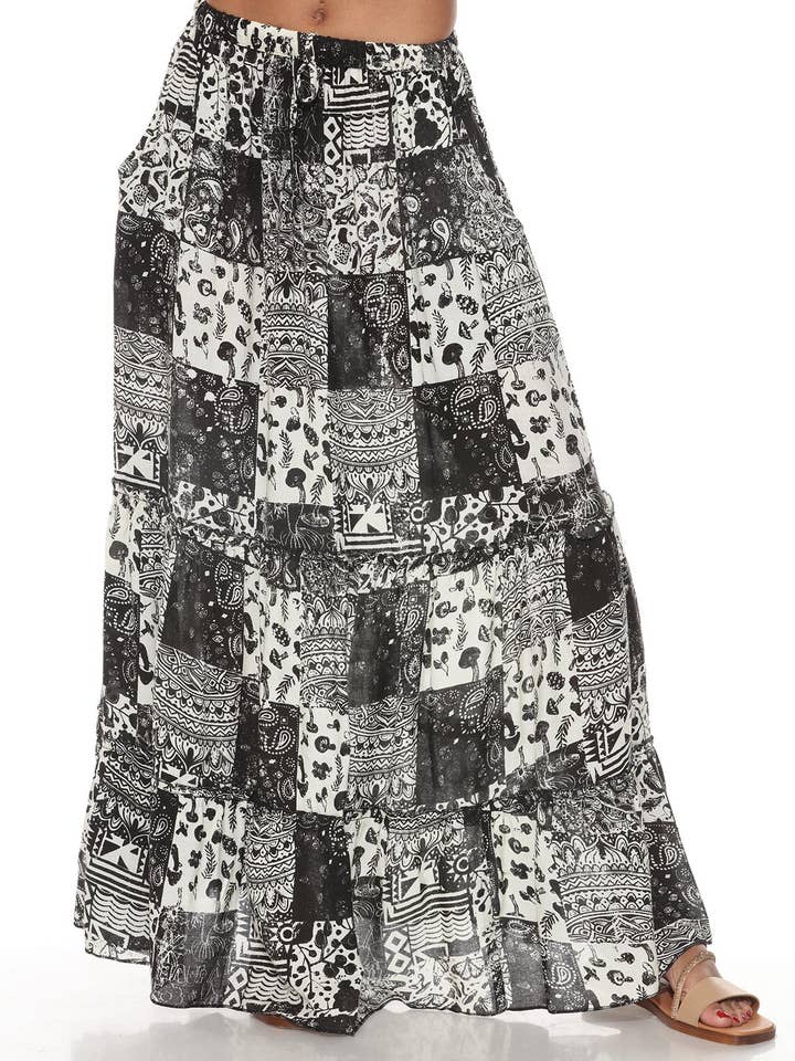 Boho Patchwork Tiered Maxi Skirt for wholesale by Lakhays Collection Inc.