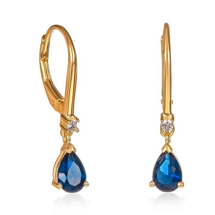Gold Plated Sterling Silver Blue Pear Drop Cubic Zirconia Leverback Dangle Earrings for wholesale by Namana