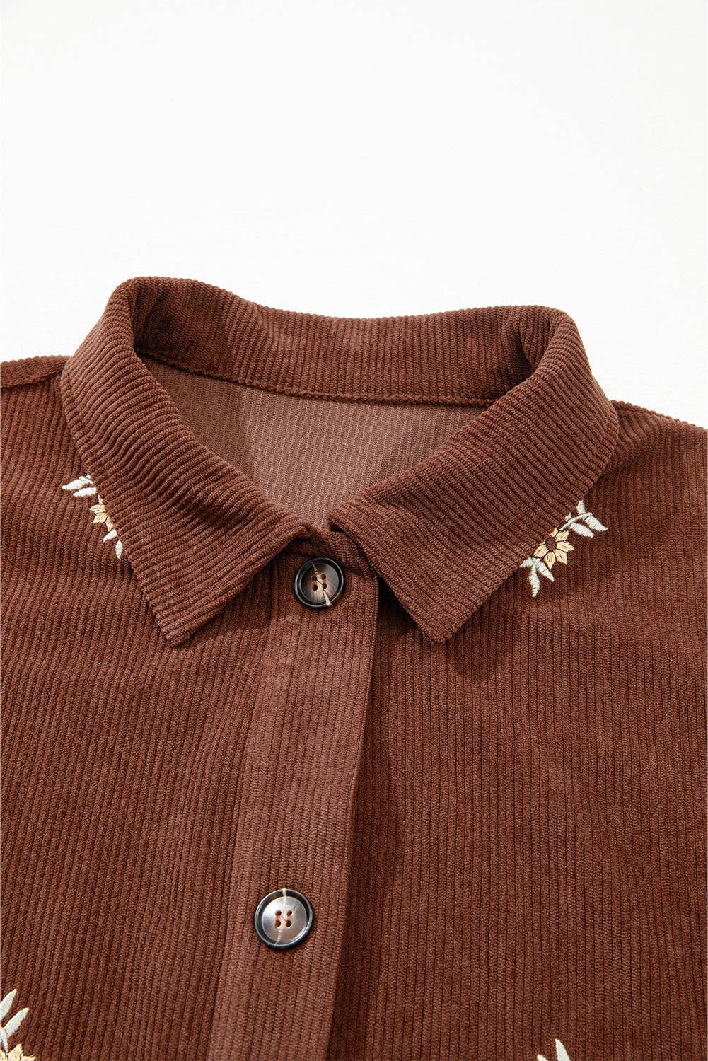 Coffee Floral Corduroy Embroidered Button-Front Jacket for wholesale on Faire7
