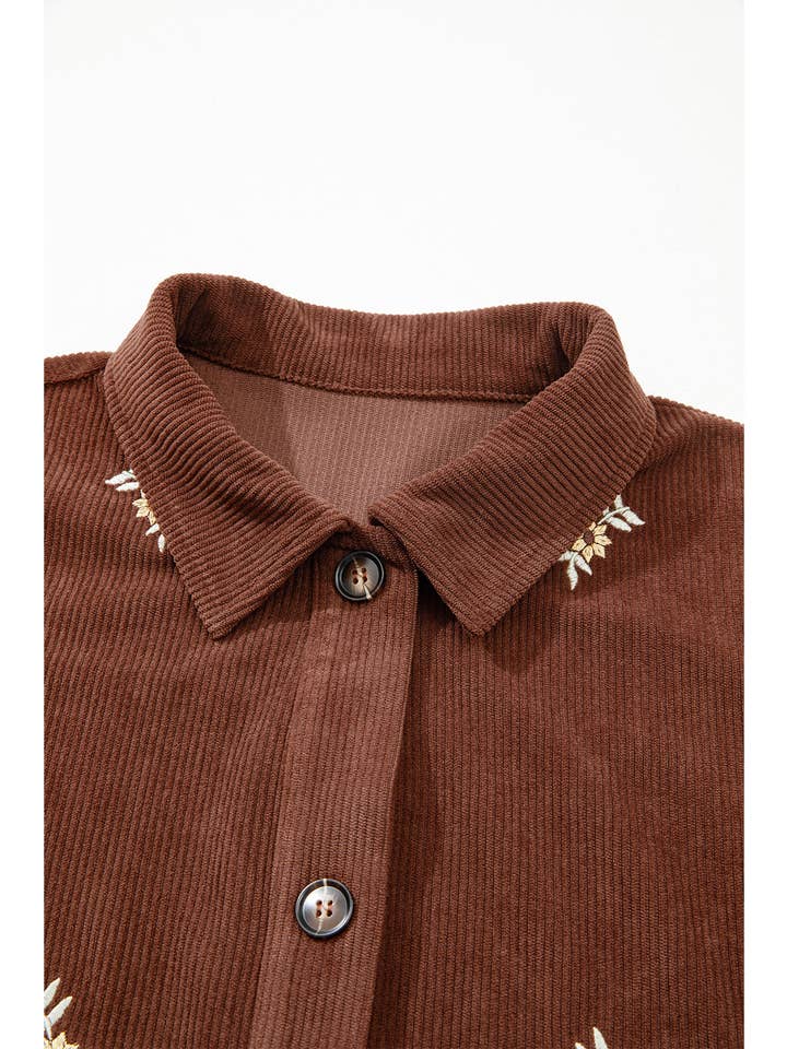 Coffee Floral Corduroy Embroidered Button-Front Jacket for wholesale on Faire7