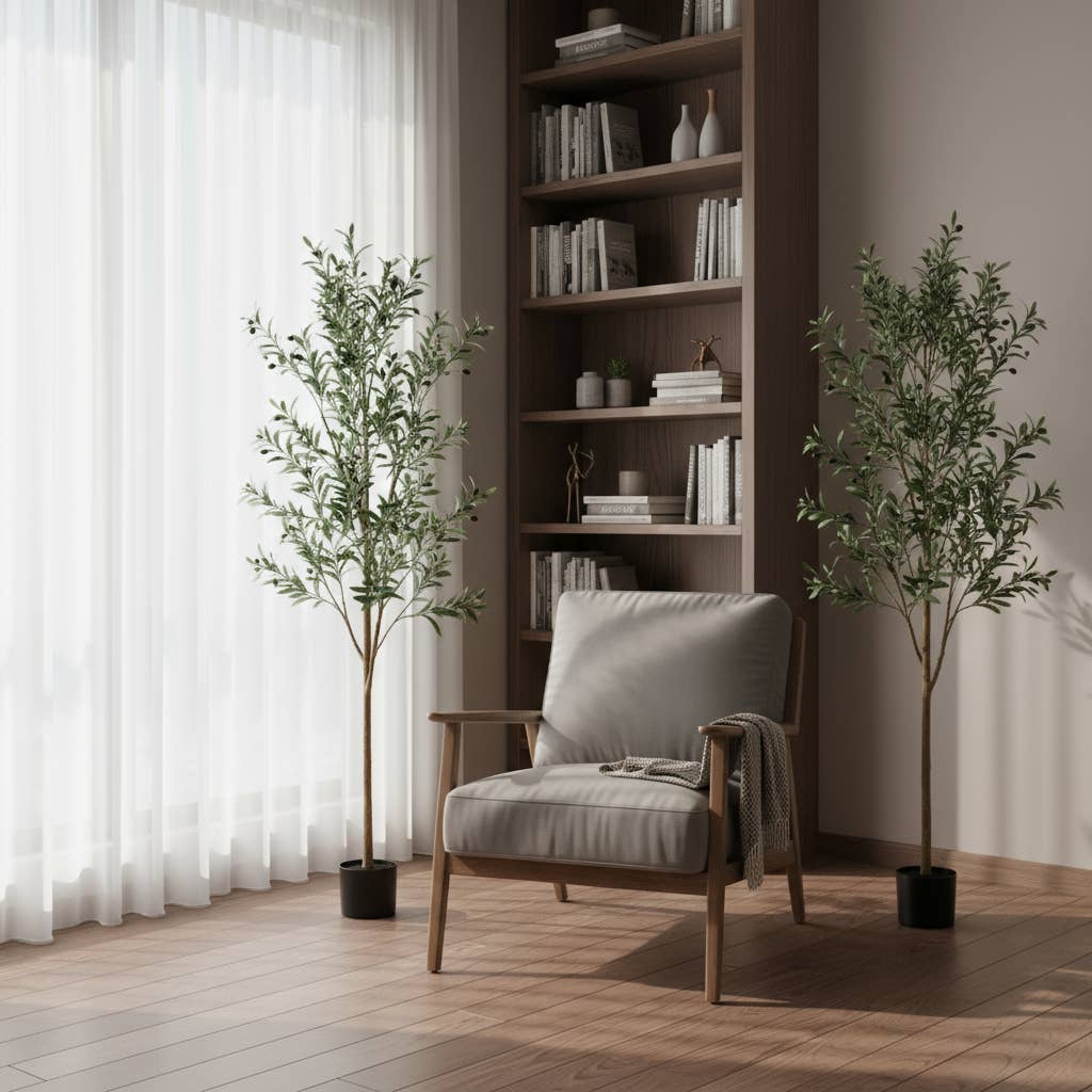 HomeRoots - Wholesale Artificial Plant - Set Of Two 84" Green Artificial Olive Trees in a Black Pot1