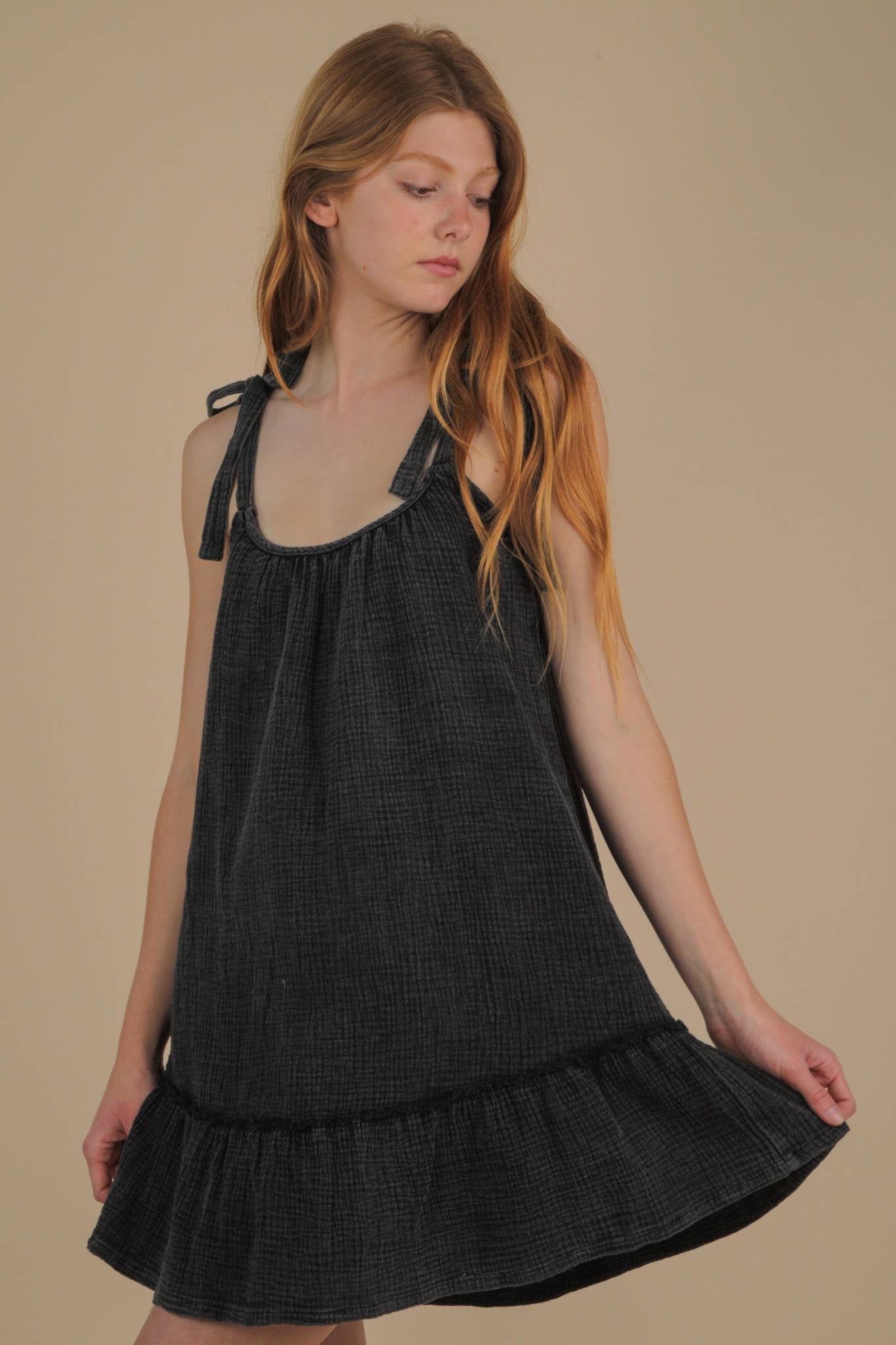 VERY J - Wholesale Dress - Women's - ND31743-Mineral Washed Shoulder Tie Mini Dress11