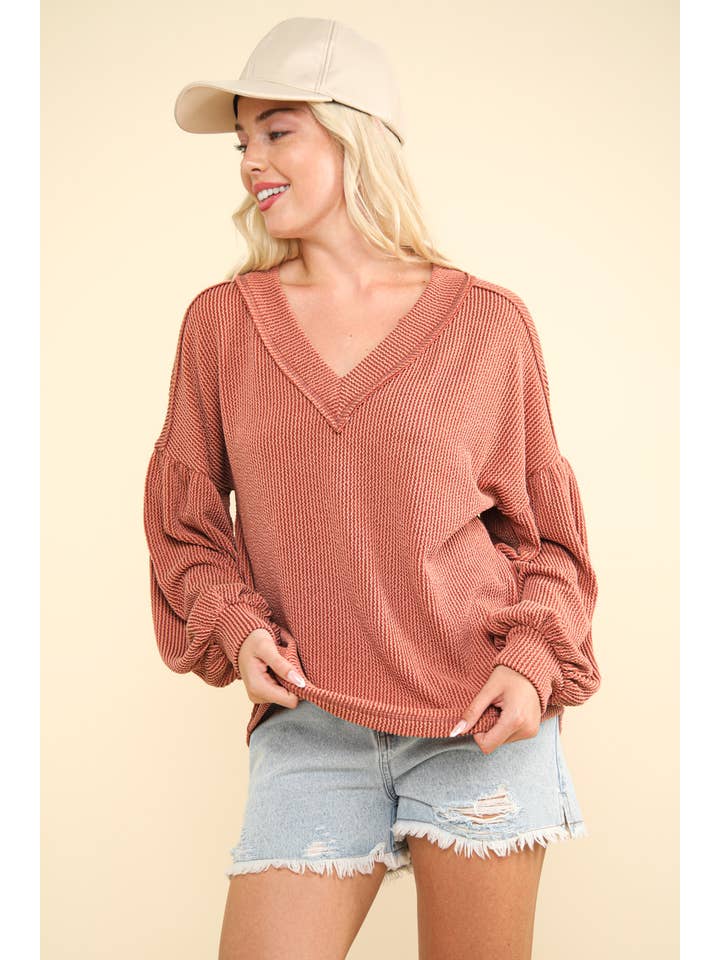 VERY J - Wholesale Knit Top - Women's - NT11946-Two Tone Otto Ribbed V-Neck Oversized Knit Top