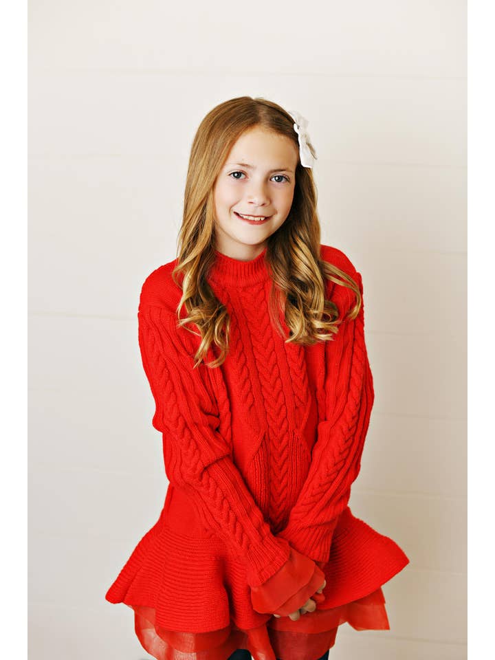 Adorable Sweetness - Wholesale Knit Sweater - Kids - Kids Red Cable Knit & Sheer Skirted Tunic Winter Sweater