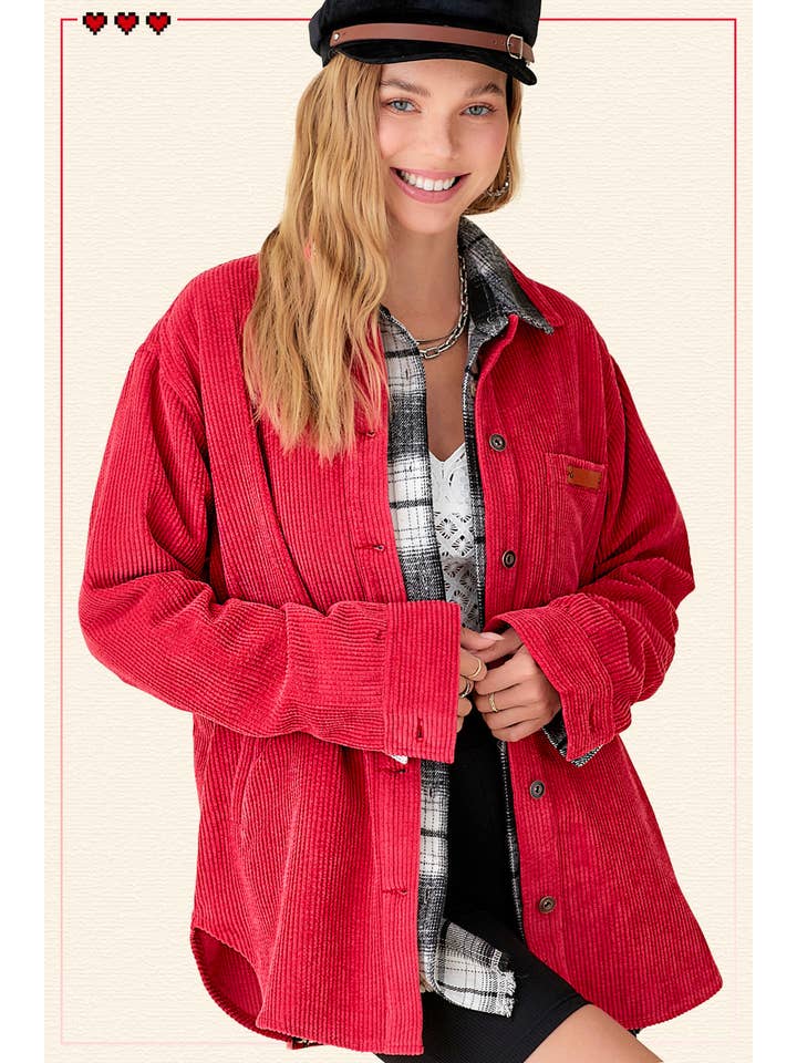 La Miel - Wholesale Shirt Jacket/Shacket - Women's - JKT1767-Loose Fit Button Down Corduroy Shacket with Pockets3