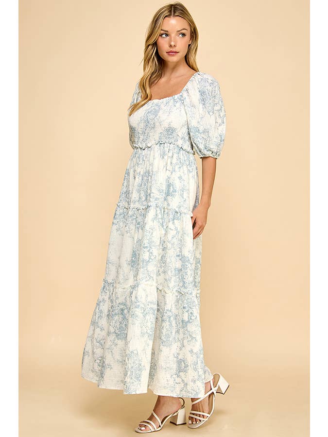 Million Colors - Vendita all'ingrosso Vestito - Donna - Vestito lungo a balze con stampa vintage blu Hattie Puff.6