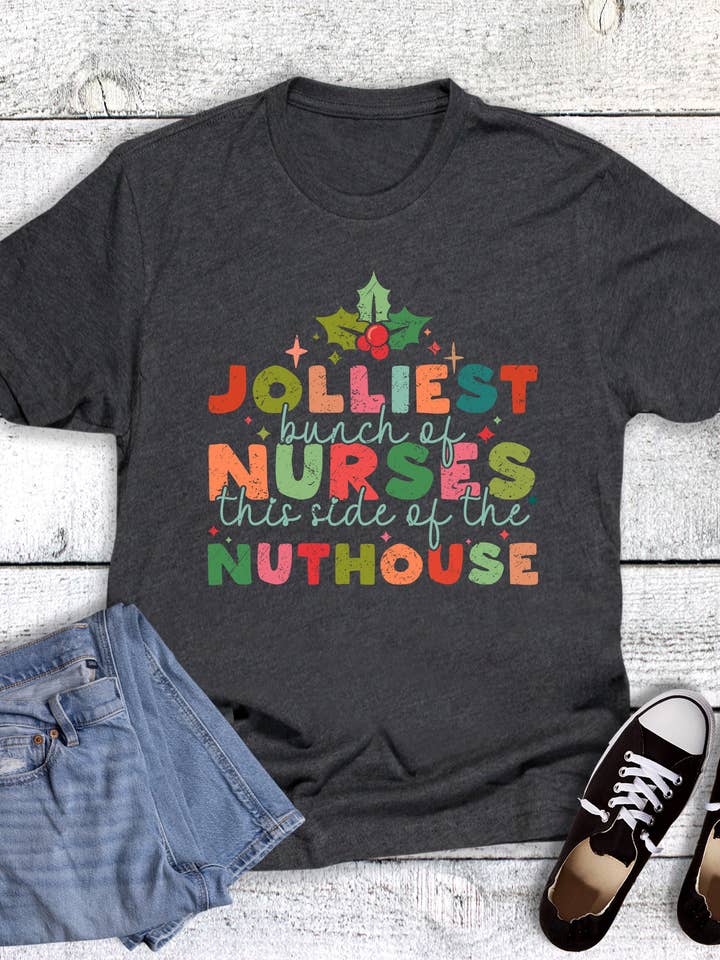 Charcoal Christmas Jolliest Bunch of Nurses Nuthouse Graphic Tee for wholesale on Faire