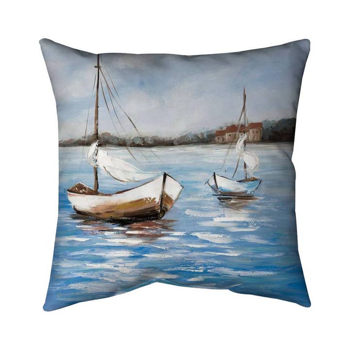 Coastal Bedroom Decor | Two Boats on Water Boat Pillow for wholesale by BEGIN HOME DECOR