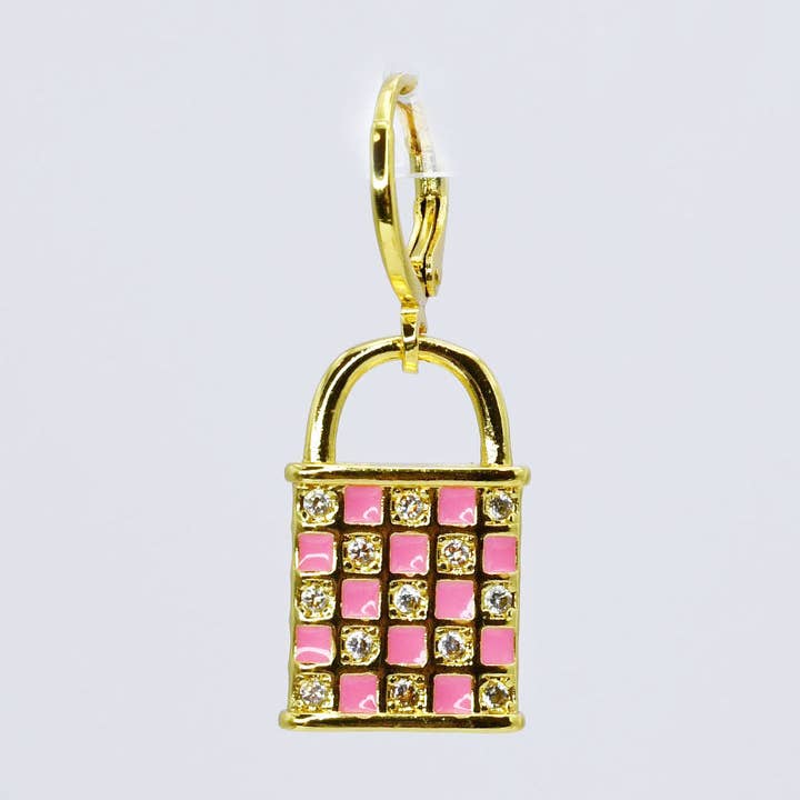 Pink Plaid Lock Charm CH-385 for wholesale by Treasure Jewels Inc.