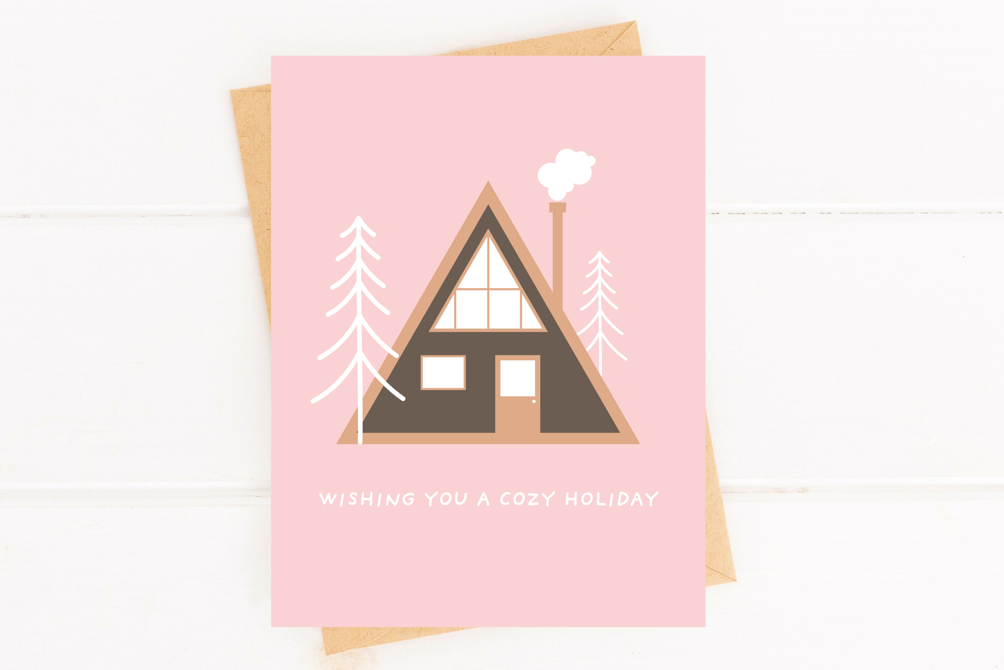 Five Dot Post - Wholesale Season's Greetings Card - Wishing You a Cozy Holiday Cabin – Pink Holiday Card2