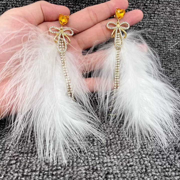 Mio Queena - Wholesale Tassel Earrings - White Feather & Rhinestone Fringe Bow Post Earrings1