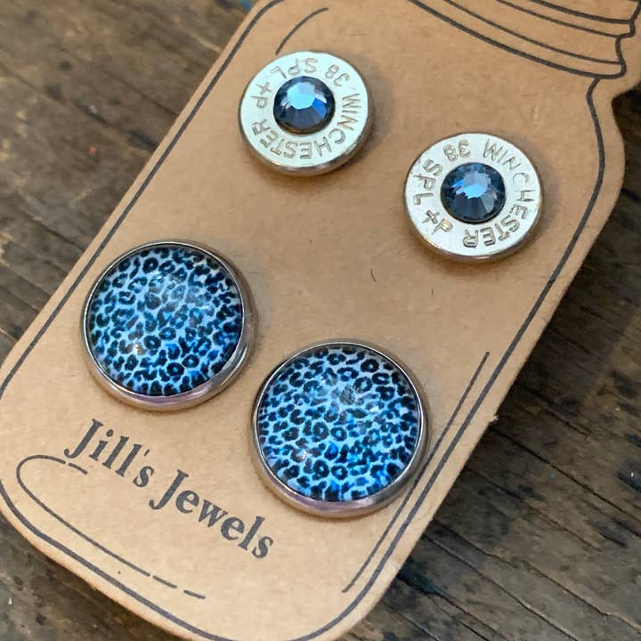 Blue Leopard 38 Special Bullet Earring Set for wholesale by Jill's Jewels