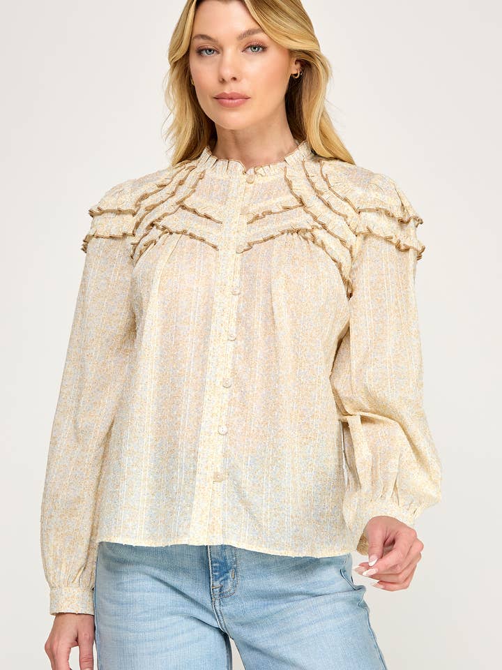 RT-4248-6 DITSY FLORAL CHIFON BOHO BLOUSE-MULTI for wholesale by Ellison