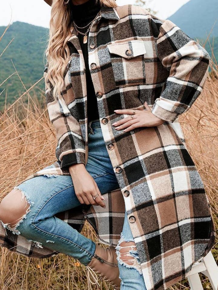 Rosa Clothing - Wholesale Jacket - Women's - Plaid Button down long jacket