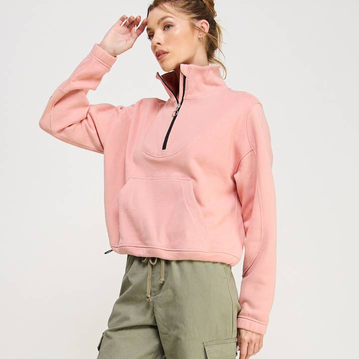 FREEZIA - Wholesale Sweatshirt - Women's - FRENCH TERRY NECK HALF ZIP SWEATSHIRT PULLOVER-FZ001213