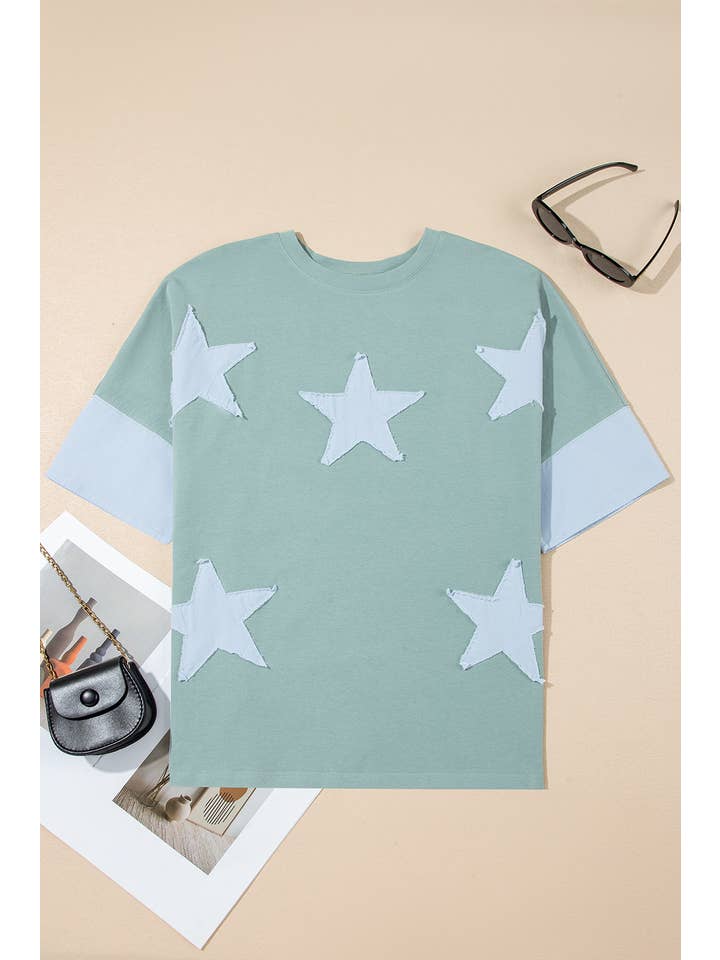 Aapparella - Wholesale Tunic - Women's - Frayed Star Denim Patchwork Oversize T Shirt | S-XL