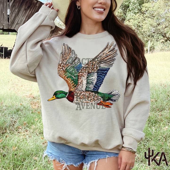 Faux Rhinestone Mallard Duck Sweatshirt for wholesale by Kactus Avenue