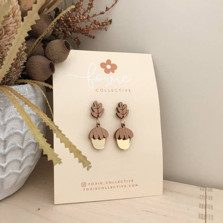 Foxie Collective - Wholesale Dangle Earrings - Acorn Earrings | Cherrywood + Gold | WHOLESALE
