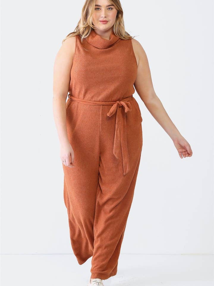 Plus Size Ribbed Sleeveless Turtle Neck Belted Jumpsuit for wholesale by Tasha Apparel Wholesale