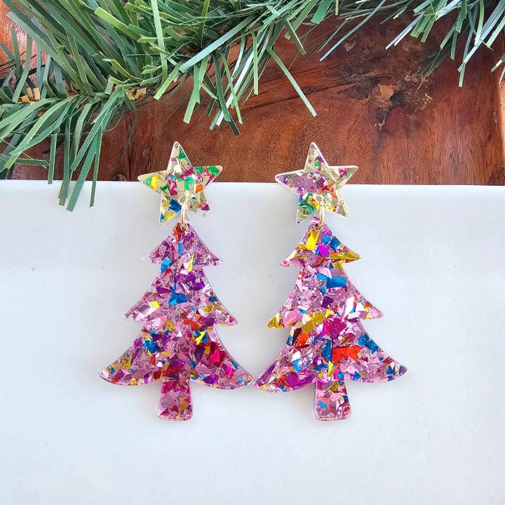 Spiffy & Splendid - Wholesale Dangle Earrings - Christmas Tree Earrings - Light Pink Sparkle // Holiday