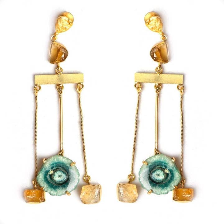 Brincos de Declaração Maree (Quartzo Solar Verde + Citrino) por atacado de GemAddicted