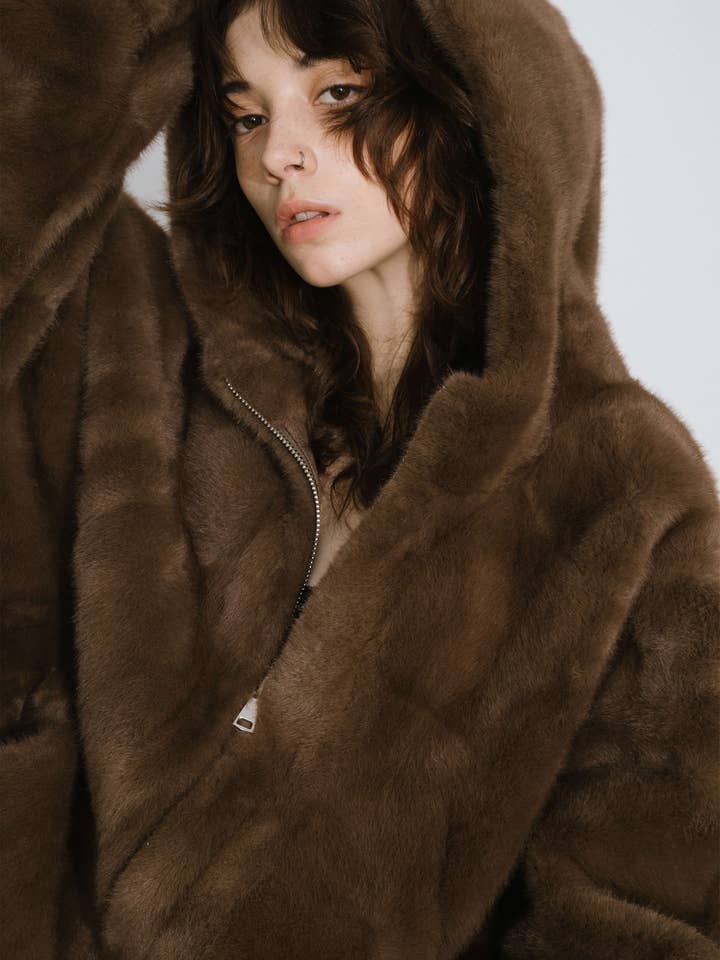 Brown Faux Fur Zip-Up Jacket With Hood for wholesale on Faire2