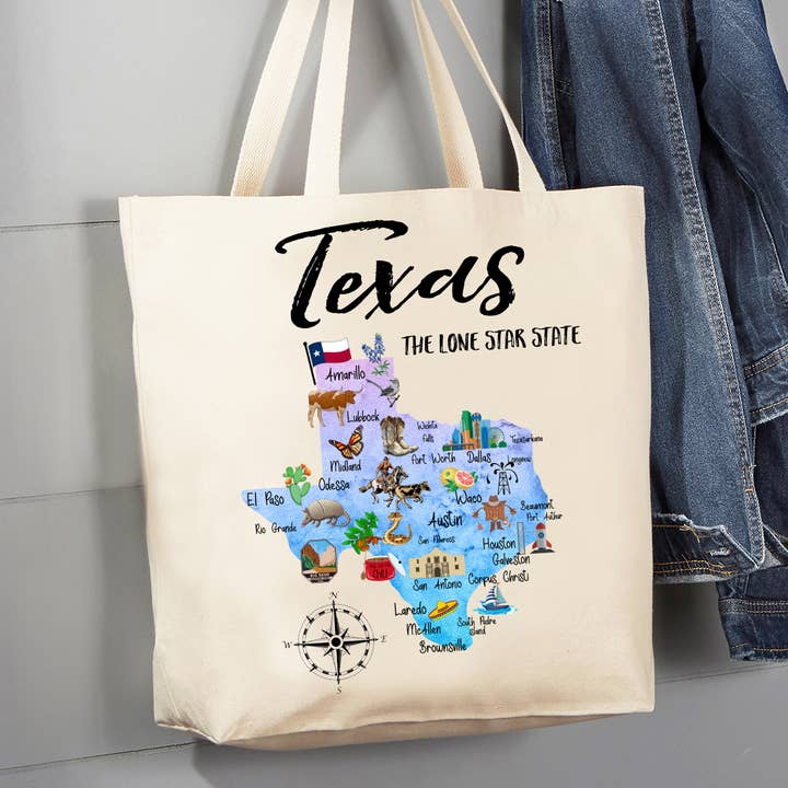 Bolsa de lona de 12 onzas con el mapa del estado de Texas para venta al por mayor de Avery Lane Gifts