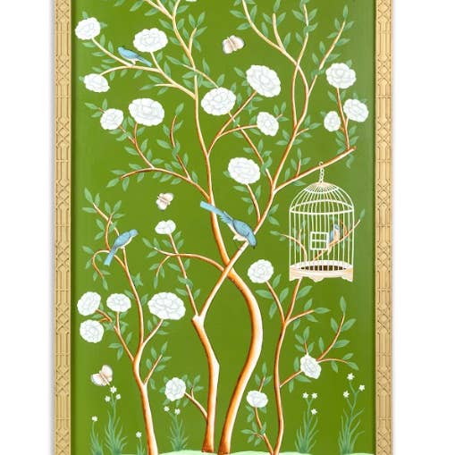 Moss Green AND MULTI COLOR Bird Cage CHINOSERIE MURAL for wholesale by The Enchanted Home
