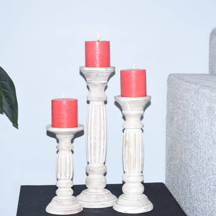 Handmade Antique White Wood Set Of Three Pillar Candleholder for wholesale by BBH Homes LLC