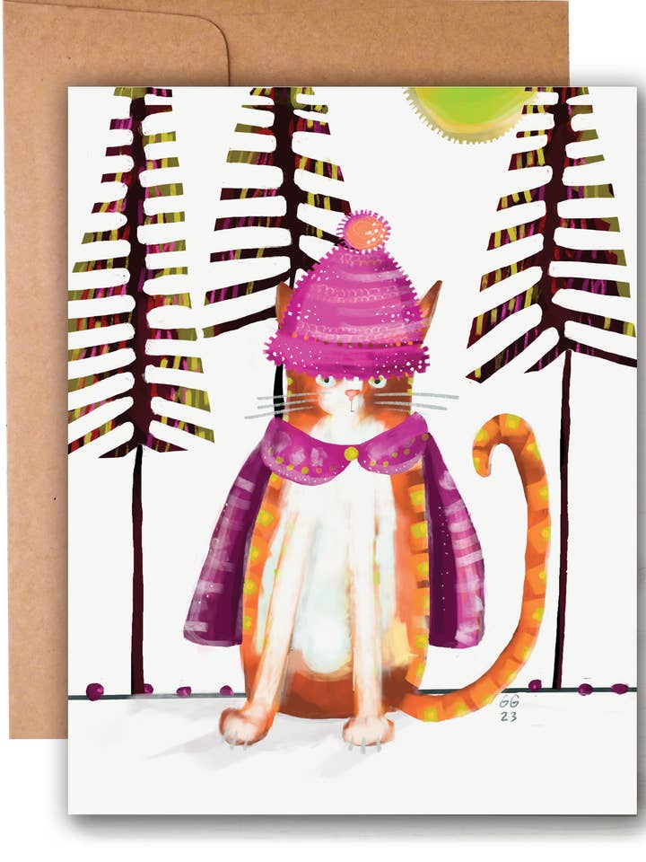 Family Cats (Cats and Hats) Winter A2 Card for wholesale by Ginger G. Art