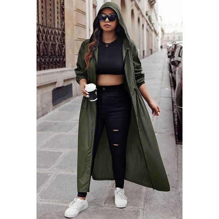 OLIVE Plus Size Solid Drawstring Waist Long Body Jacket for wholesale on Faire