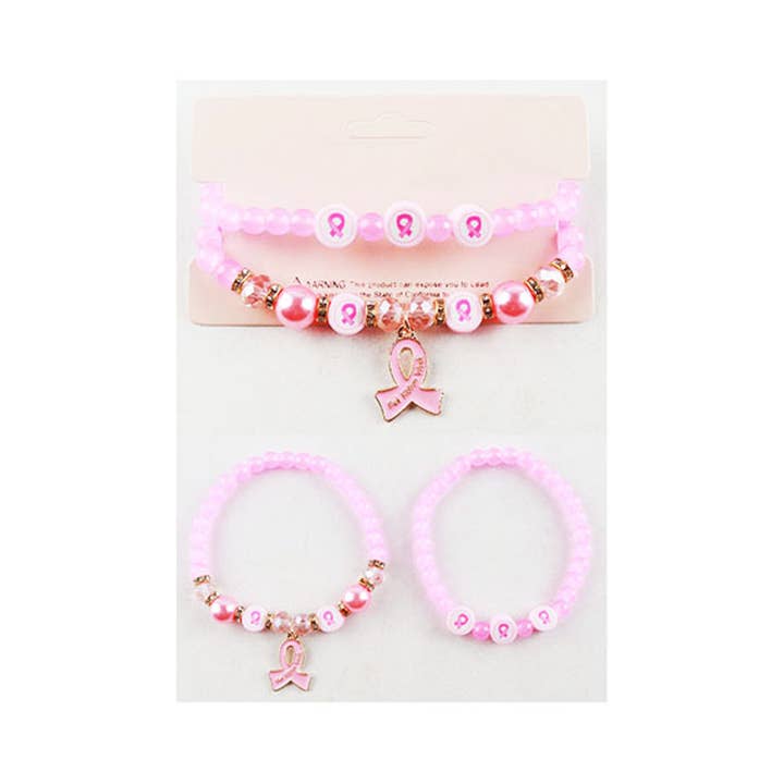 Sensibling Corp. - Wholesale Beaded Bracelet - 12 SET OF 2-Enamel Pink Ribbon Charm Bead Stretch Bracelets