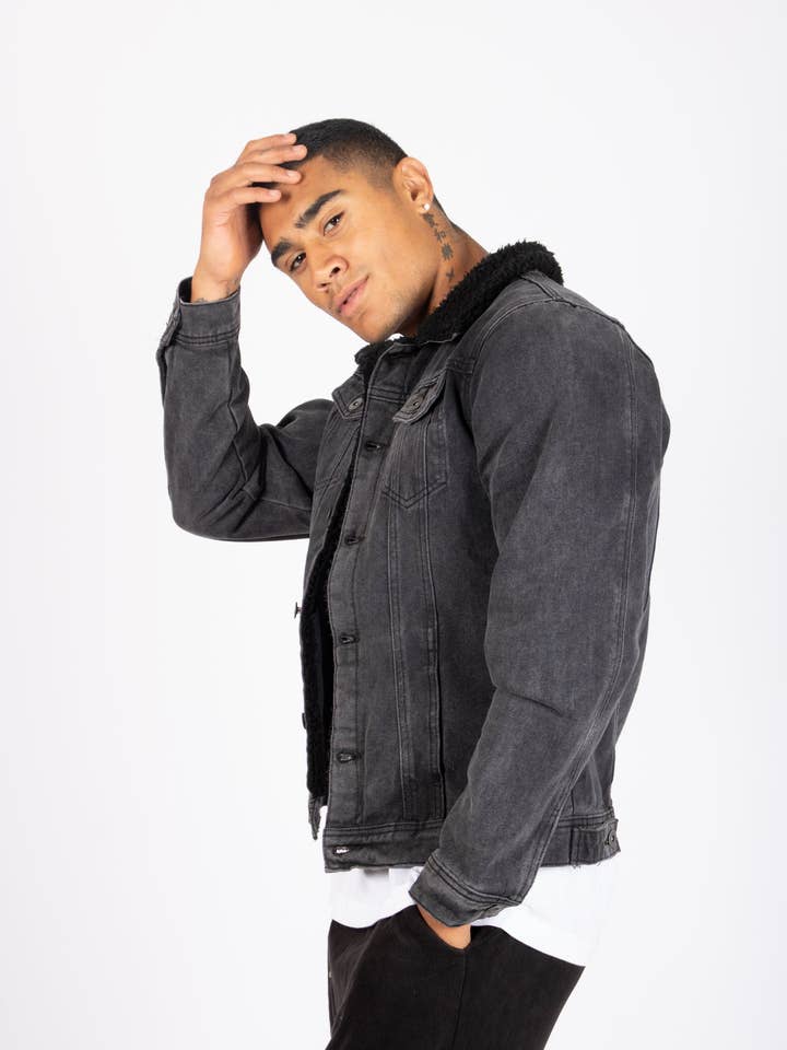 Norton Slim Fit Denim Jacket With Borg Collar In Washed Black for wholesale by LIQUOR N POKER