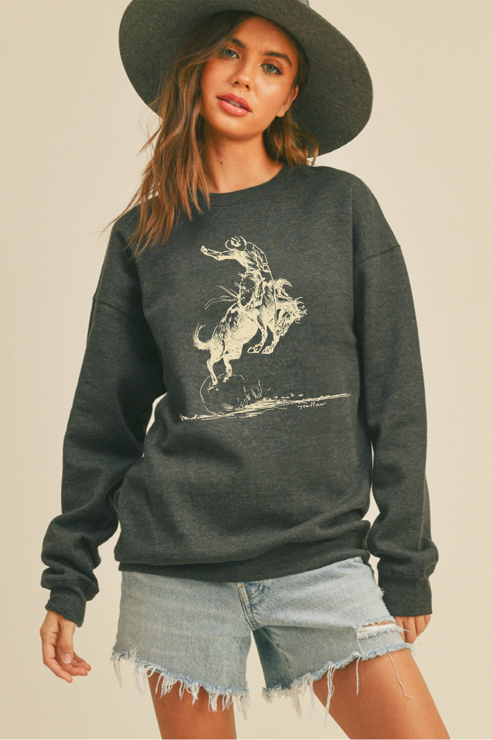 Honestee - Vente Sweat-shirt à imprimés – femme - Sweat-shirt à manches longues avec graphique de cowboy Yee Haw0