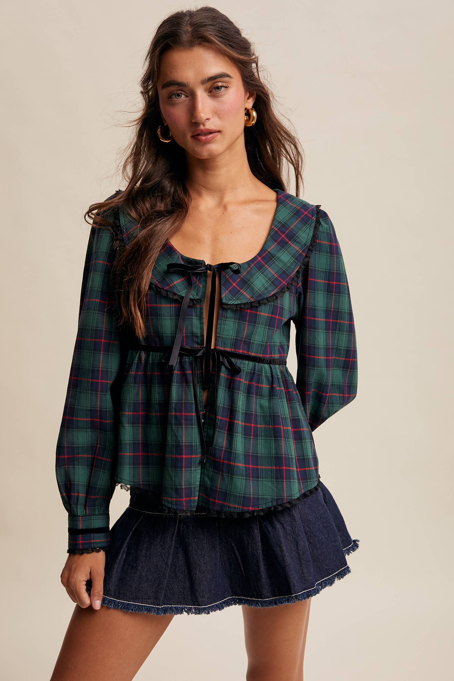 Listicle - Wholesale Blouse - Women's - Plaid Velvet Trim Holiday Blouse LT144611