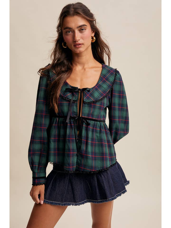 Listicle - Wholesale Blouse - Women's - Plaid Velvet Trim Holiday Blouse LT144611