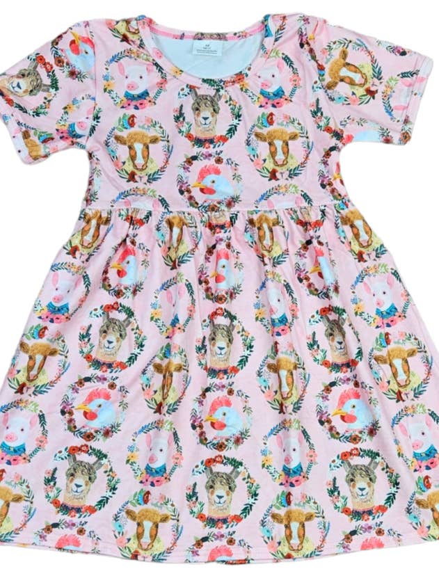 Pink Farm Animal Short Sleeve Milk Silk Dress for wholesale by Great Lakes Kids Apparel