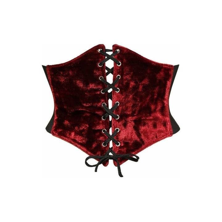 Lavish Dark Red Crushed Velvet Corset Belt Cincher for wholesale by Daisy Corsets