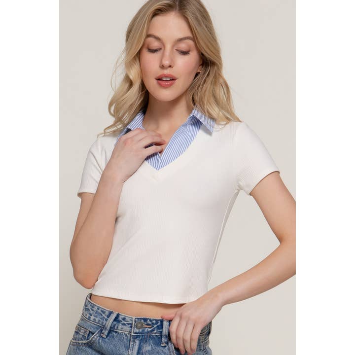 SHORT SLV INSIDE CONTRAST STRIPE KNIT POLO for wholesale by Paperdoll
