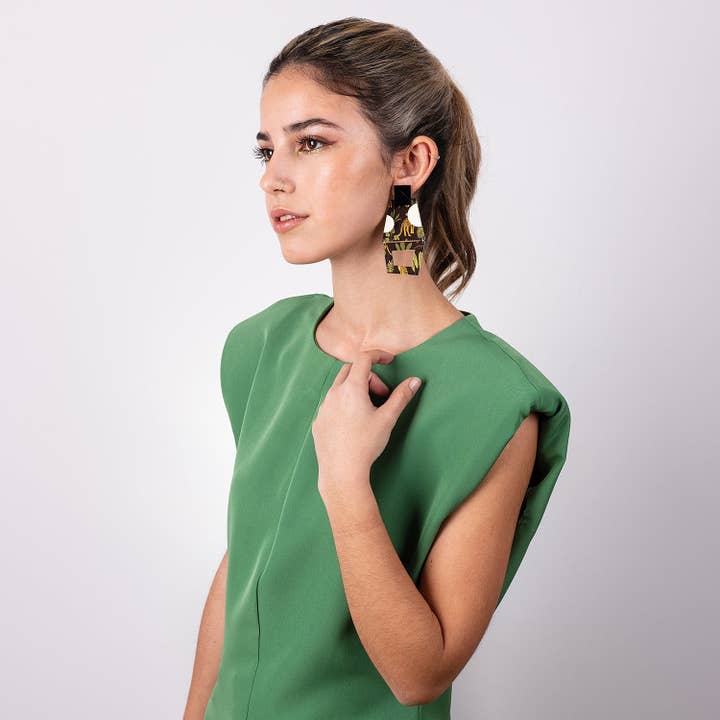 Geometrische Ohrringe mit Muster und schwarzem/weißem Acryl #BU013 für den Großhandel von Goiaba Design