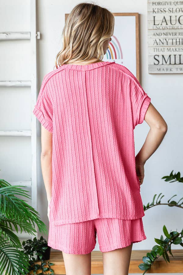 7th Ray - Wholesale Loungeset - Dames - Effen Getextureerde Korte Mouw Top en Korte Lounge Set TP54991