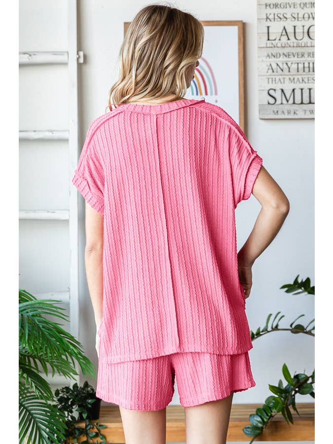 7th Ray - Wholesale Loungeset - Dames - Effen Getextureerde Korte Mouw Top en Korte Lounge Set TP54991