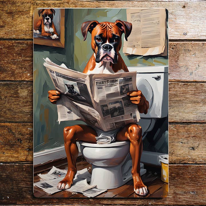 Boxerhund på toaletten tidningshund hundar metallskylt plakat för wholesale av The British Metal Signs Company