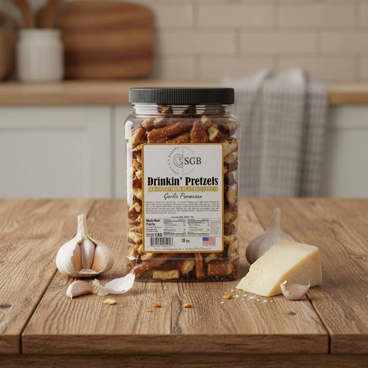 Garlic Parmesan 18-oz Canister Flavored Sourdough Pretzels for wholesale by Sweet G's Bakery - Drinkin’ Pretzels™