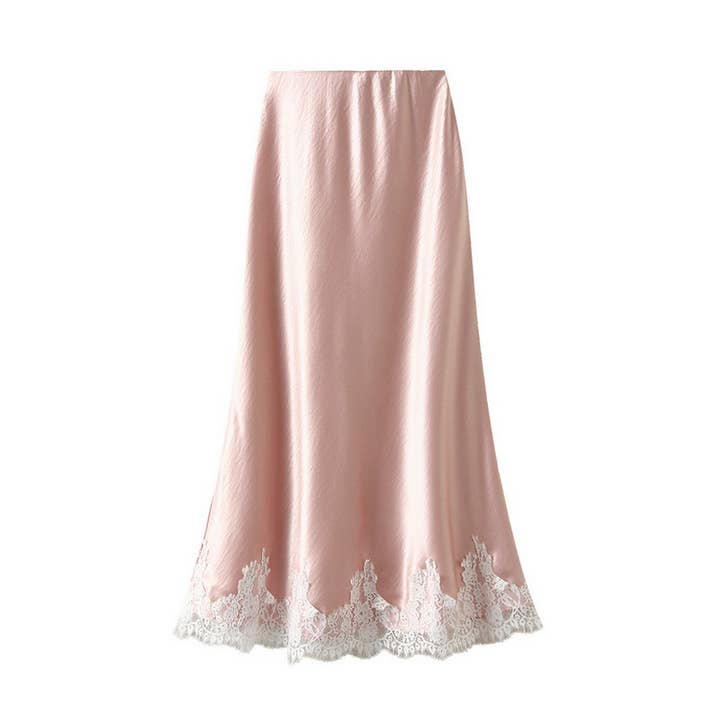 ACCITY - Wholesale Skirt - Women's - Lace-Trimmed Satin A-Line Midi Skirt with Draping_CWBMS03272