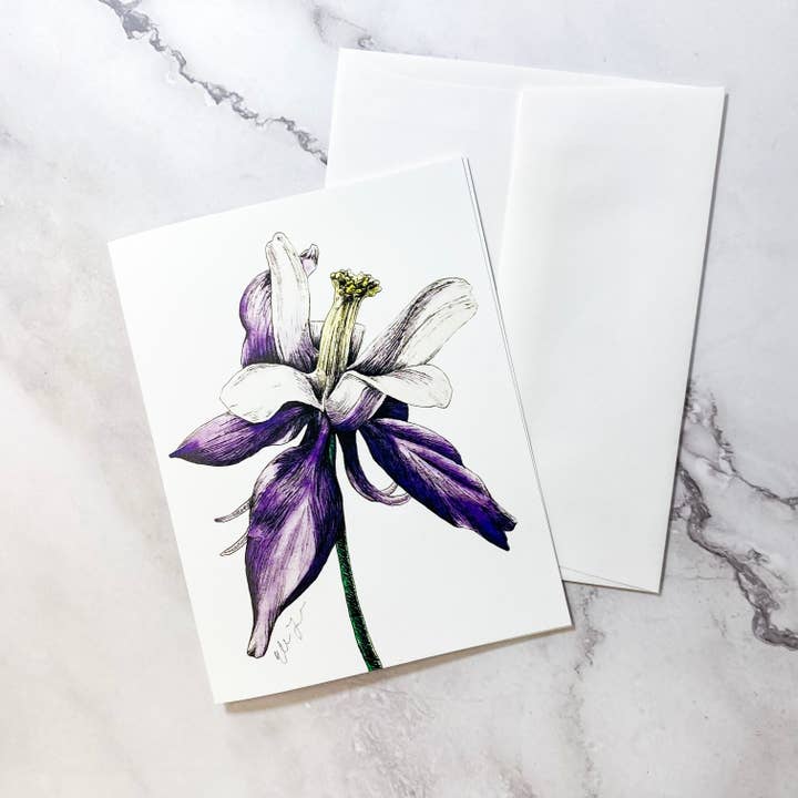 Flower A2 Greeting Card - Columbine, Blank Inside for wholesale by Elena Johnson Art